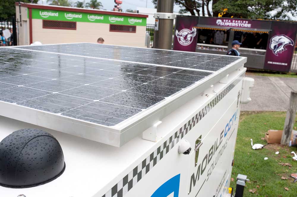 Solar panels powering a Mobile CCTV Solutions unit at an unmanned site