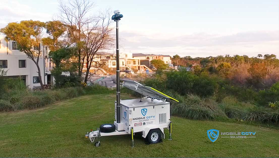 Mobile CCTV trailer with solar panels and camera mast