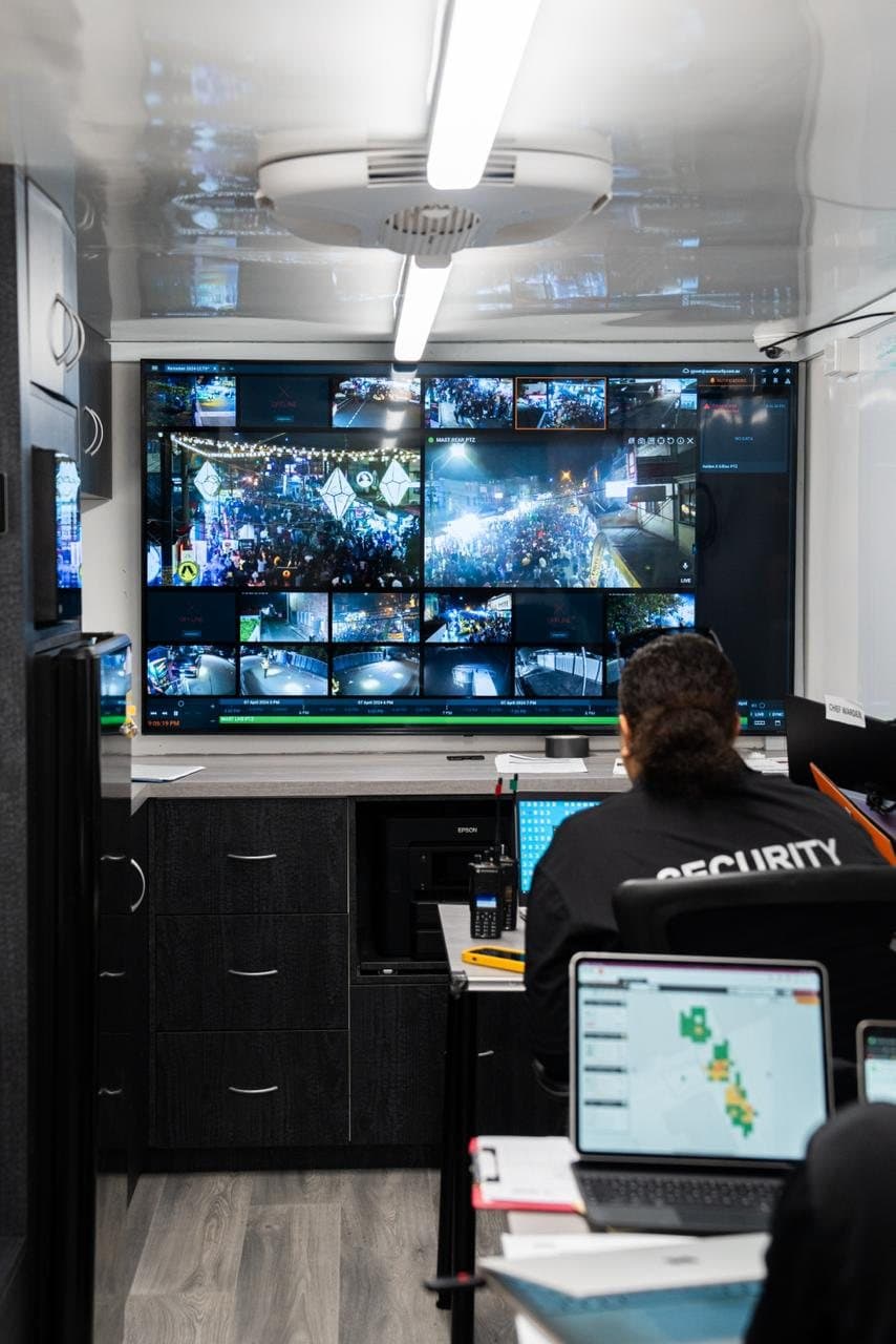 Inside the Mobile Operations Centre: a wall of live camera feeds above the operators' desk