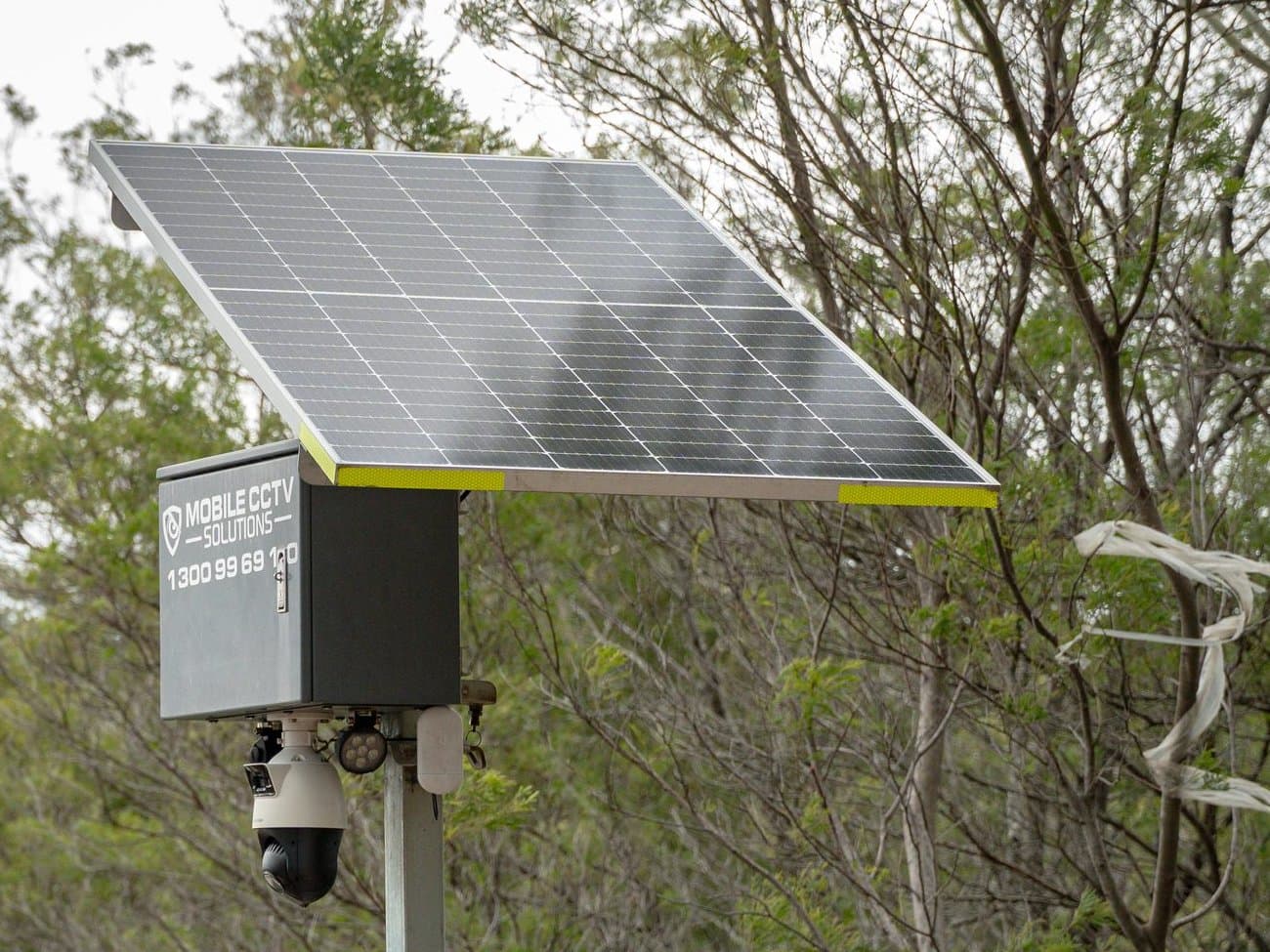 Mobi Pole Cam solar-powered surveillance unit deployed on a pole against bushland