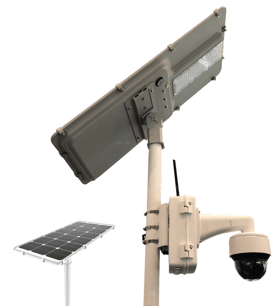Close-up of a pole camera with solar panel, light and PTZ dome camera on a pole